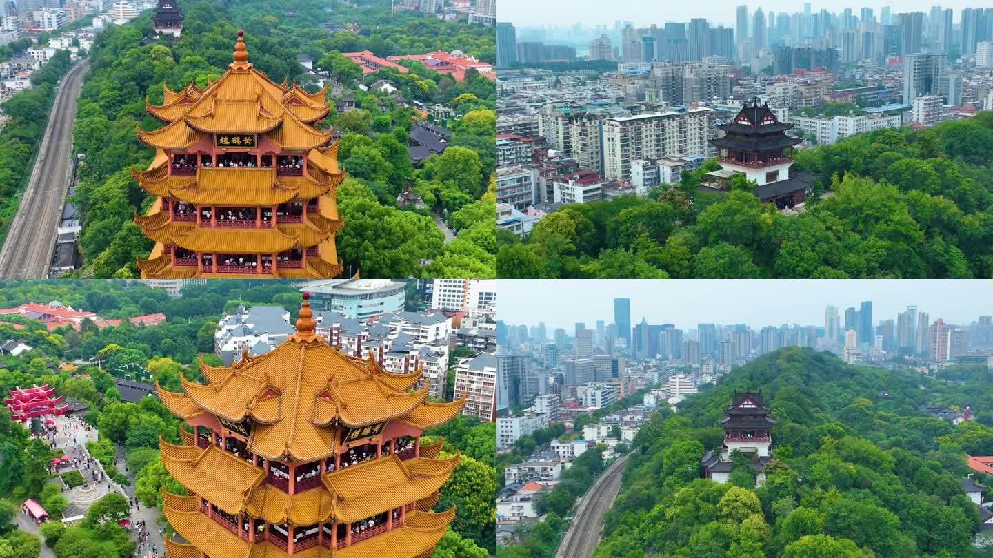 武汉黄鹤楼航拍湖北武昌区地标建筑城市风景