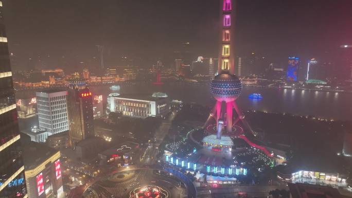 上海夜景航拍浦东新区陆家嘴东方明珠夜晚高