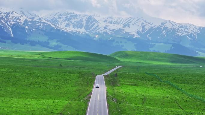 航拍新疆雪山草原（那拉提）
