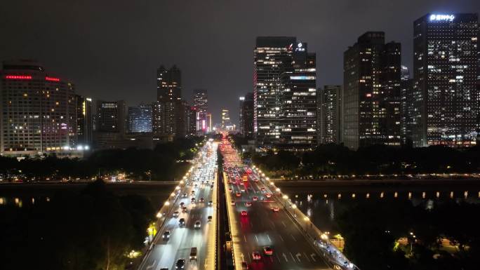 广州大桥夜景航拍车流交通广州大道广州越秀