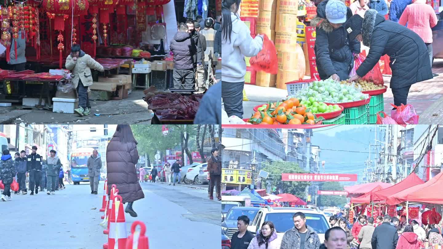 春节热闹街道市场办年货的人群，（原声）