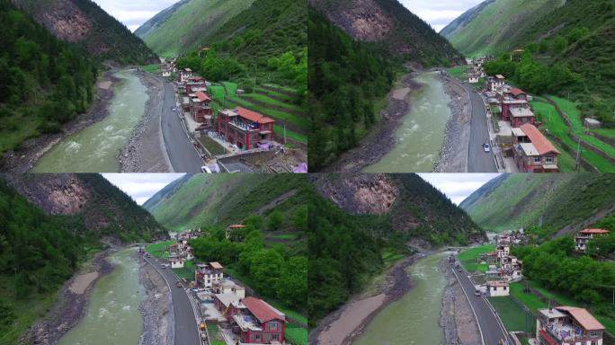 航拍川西高原山谷中的藏族村庄