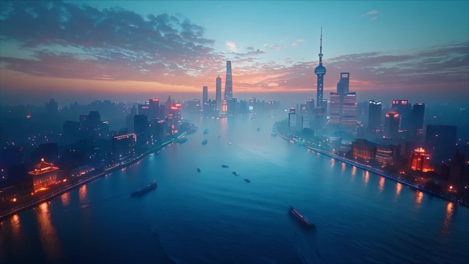 上海虚拟城市一线城市日出云海城市风景风光