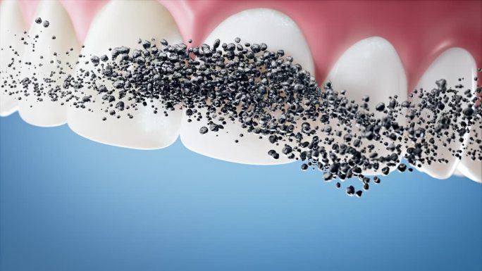 活性炭颗粒美白牙齿特写，3d动画，蓝色背景，4k，配套美白套装2套