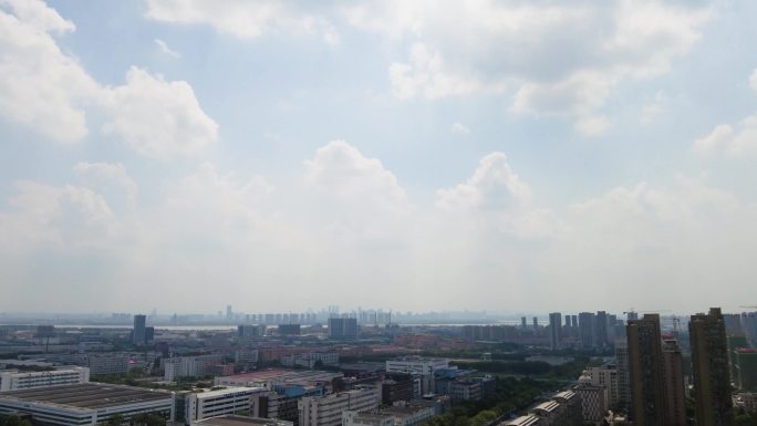 杭州钱塘新区蓝天白云城市景色航拍延时摄影