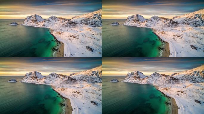 鸟瞰北极海滩Haukland在挪威