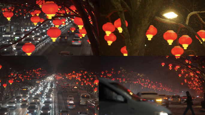 春节新年气氛街道张灯结彩红灯笼下雪慢动作