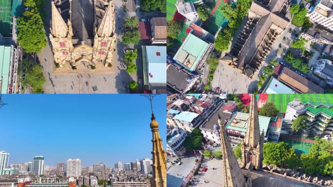 广州越秀区石室圣心大教堂航拍天主教教堂广