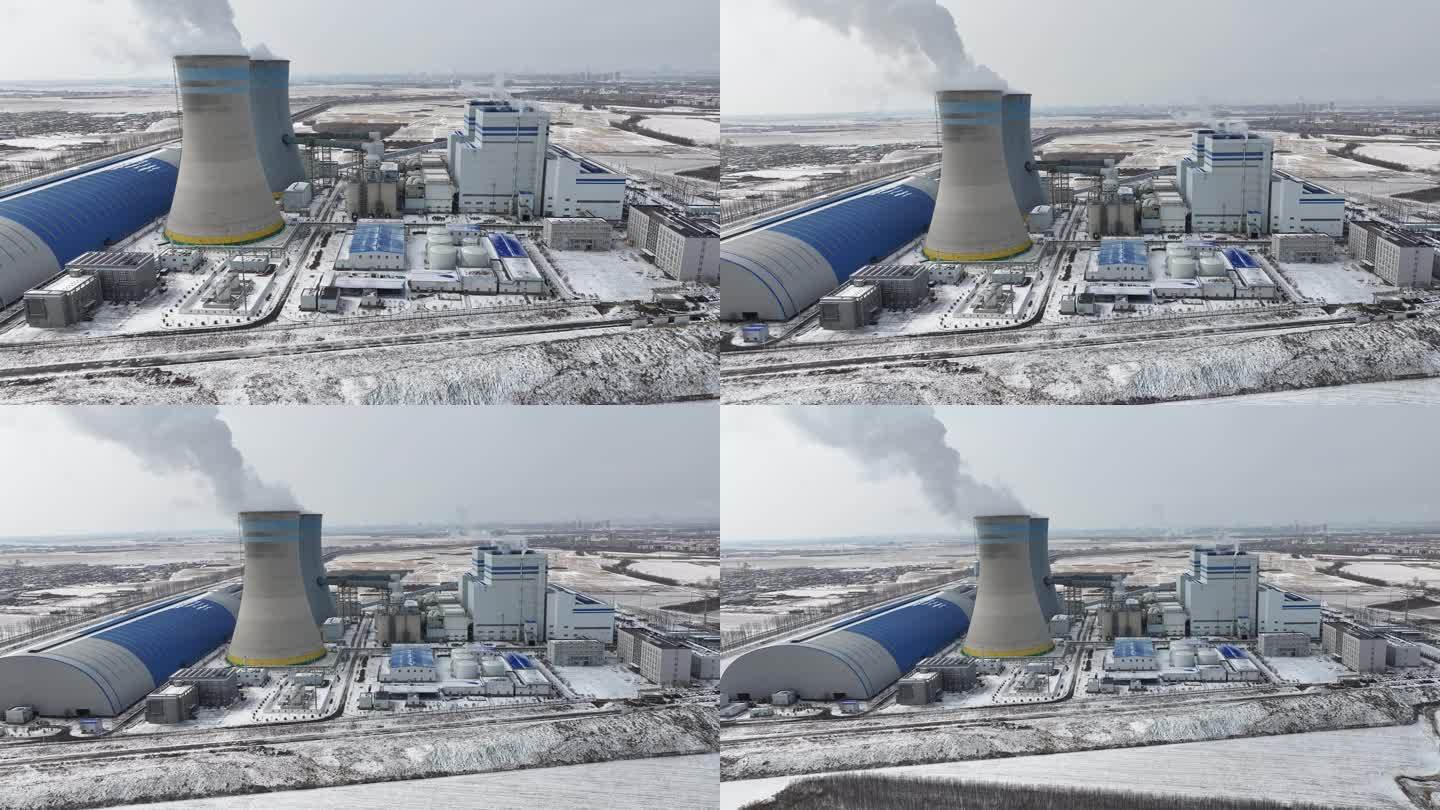 冬季北方火力发电厂雪后航拍