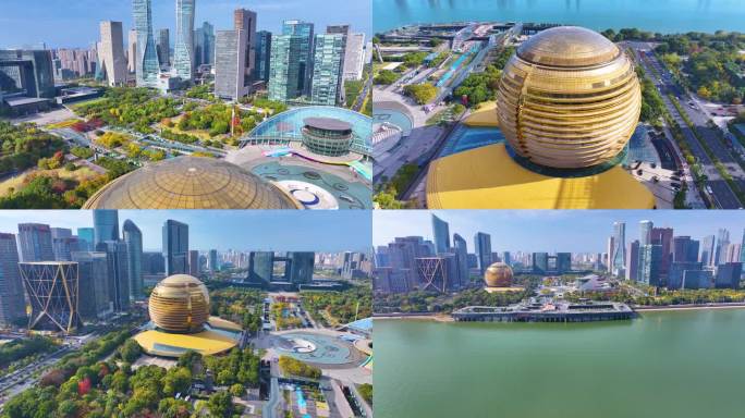 浙江杭州钱江新城市民中心航拍城市地标风景