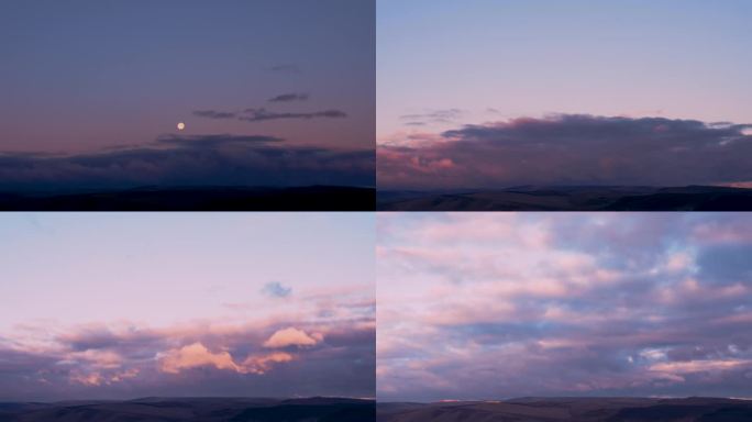 4k延时昼夜景观与月落和移动的云。