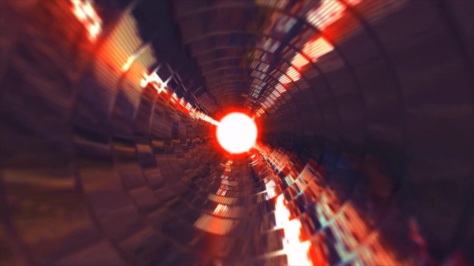 一个旋转的红色金属铬闪闪发光的隧道