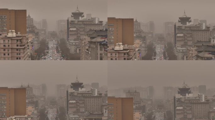 西安城市地标钟楼沙尘暴雾霾天气文旅宣传