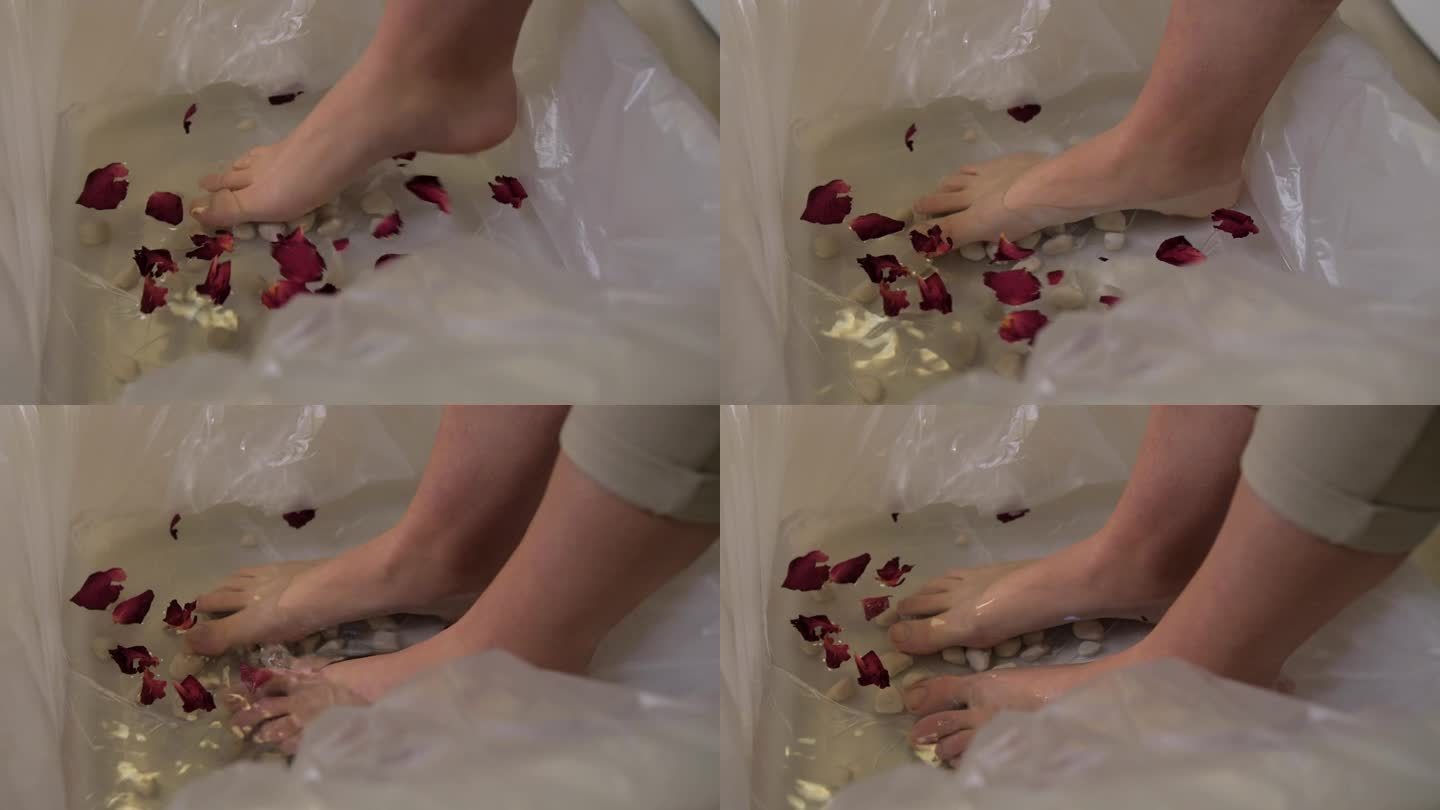 在美容院水疗中心，女性的脚踩在花瓣的水中，特写静态
