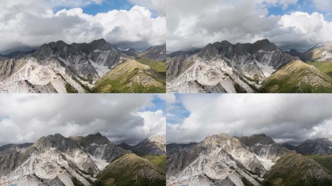托斯卡纳多云的天空下，崎岖的阿普安阿尔卑斯大理石采石场的空中超俯
