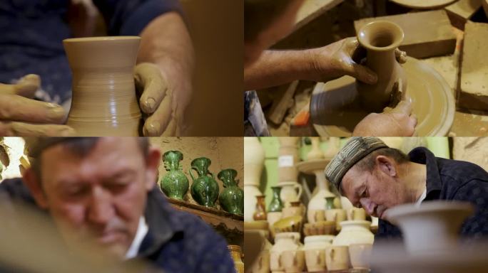 手工泥塑雕塑老人手艺人新疆陶器陶罐制陶