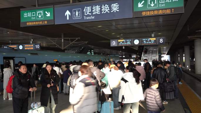 火车站下车的旅客 站台上的人群