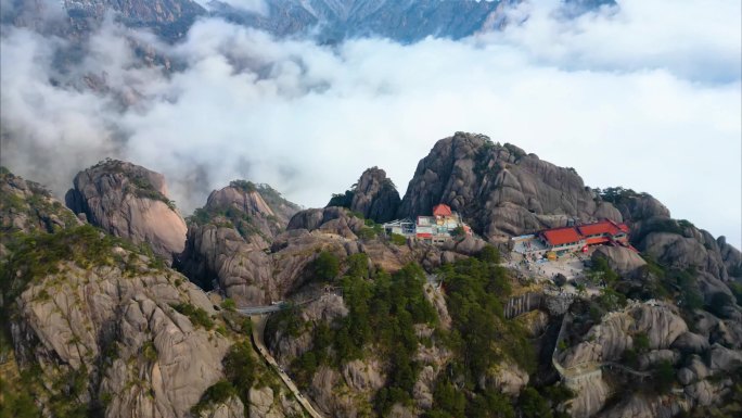 安徽省黄山风景区山峰云海航拍延时风景视频