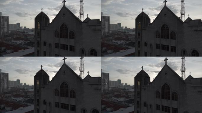 log模式航拍马来西亚槟城教堂日出