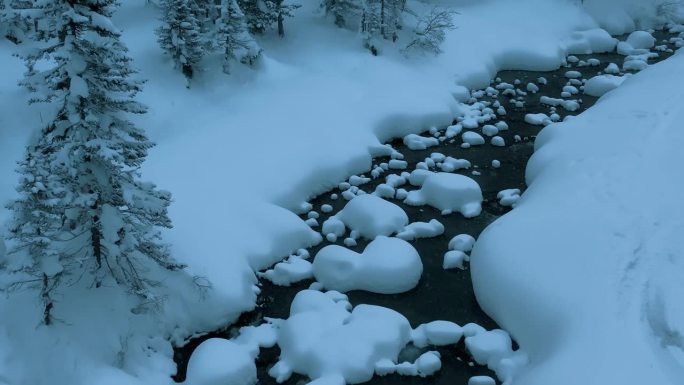 航拍无人机拍摄雪山河流冬季景观，暴风雪中的冷杉林。冬天的俄罗斯，西伯利亚。