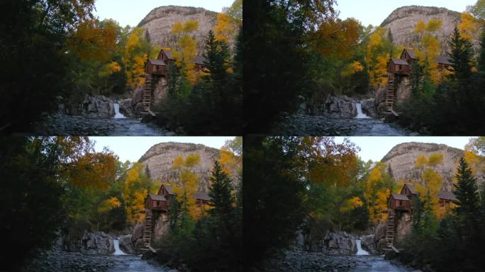 日落黄金时间科罗拉多水晶厂建筑历史地标瀑布水晶河大理石日落秋天秋天空中无人机电影卡本代尔特柳莱德阿斯