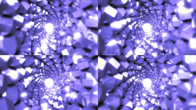 这是一个旋转的紫色金属光泽隧道，它的肋骨和线条以圆形的形式反射着发光的光线。