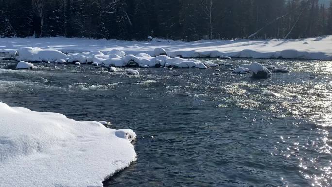 新疆阿勒泰的喀纳斯河谷雪景覆盖河流特写