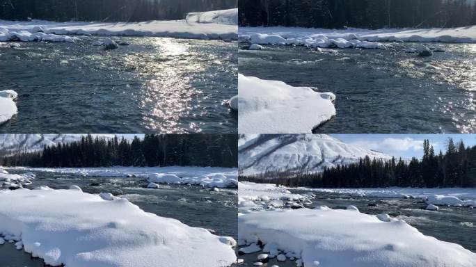 新疆阿勒泰的喀纳斯河谷雪景覆盖河流特写