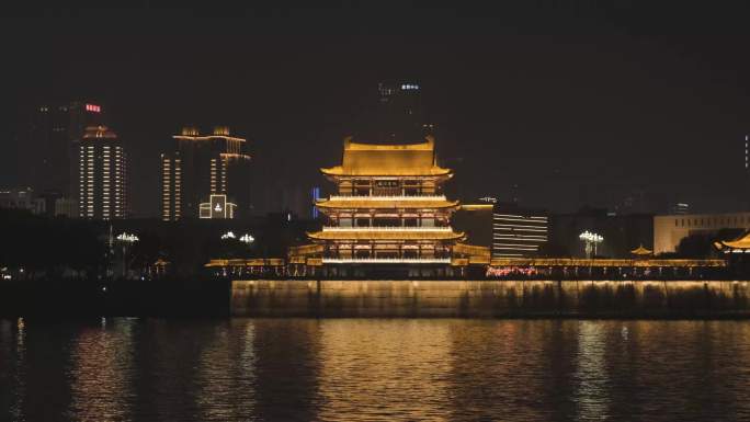 夜晚江面倒影街道杜甫江阁和太平直街