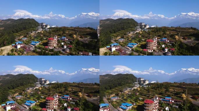 南亚尼泊尔博卡拉山谷的酒店建筑和山间房屋鸟瞰图。