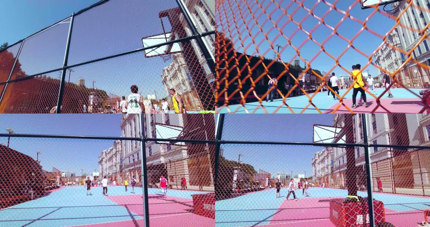城市里的篮球场 围栏铁丝网 打篮球 青春