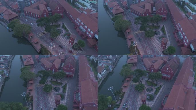 log模式航拍马来西亚马六甲清晨荷兰红屋