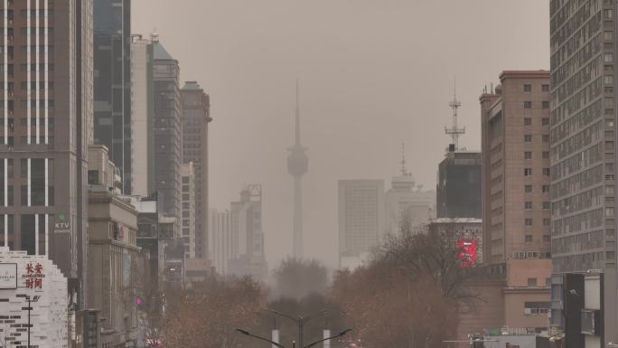 西安城市地标电视塔沙尘暴雾霾天气文旅宣传