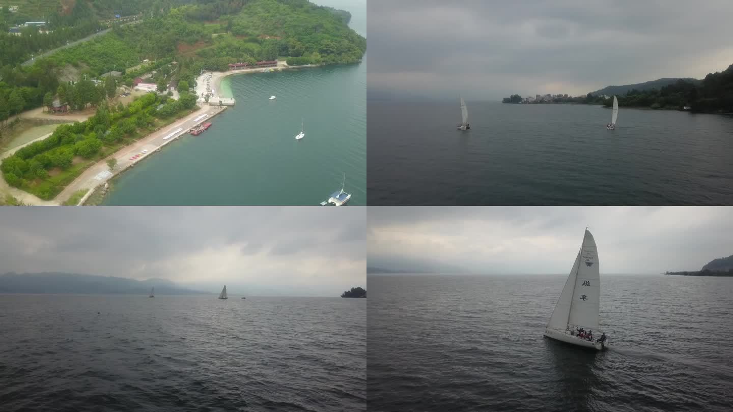 无人机航拍高清视频云南抚仙湖帆船基地