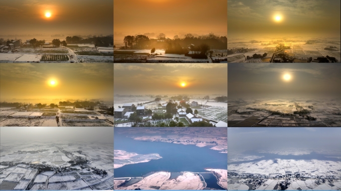 航拍雪景日出 航拍江汉平原雪景 农田雪景