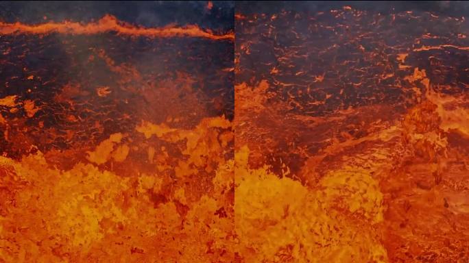 红热熔岩爆炸、沸腾和冒泡的独特视角，无人机近距离拍摄