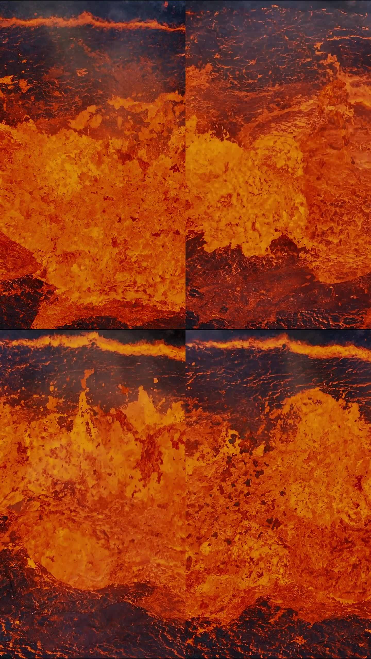 红热熔岩爆炸、沸腾和冒泡的独特视角，无人机近距离拍摄