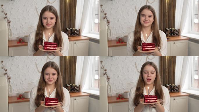 年轻女子的肖像吹灭了美味的甜蛋糕上的蜡烛，带着灿烂的微笑看着镜头。绿眼睛女学生特写。快乐的美丽模特在