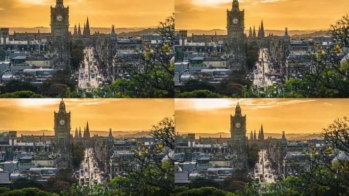 日落时分，卡尔顿山，圣玛丽圣公会大教堂，苏格兰，英国，英国，爱丁堡市，钟楼和旅游的4K镜头延时鸟瞰图