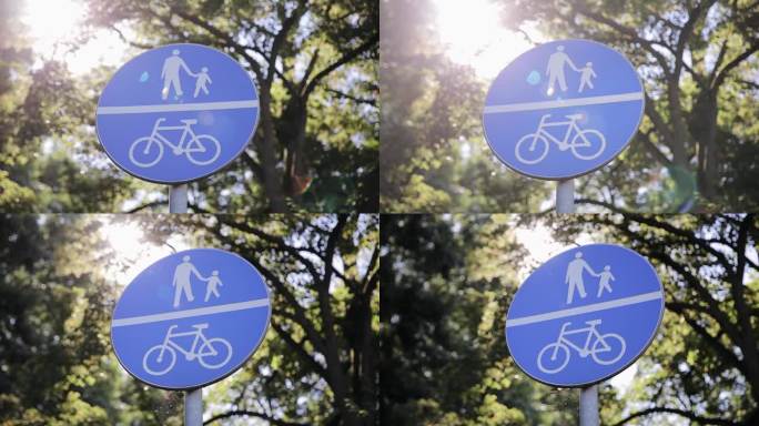 道路标志表示自行车道和行人道优先。交通标志白色自行车在蓝色的圆圈，背景是树木和天空。生态交通基础设施