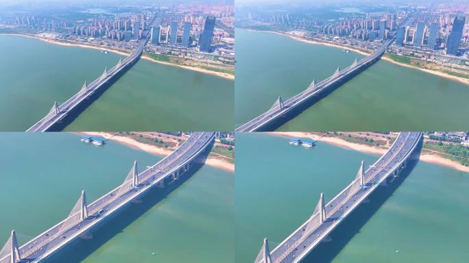 江西南昌赣江朝阳大桥车辆交通航拍城市风景