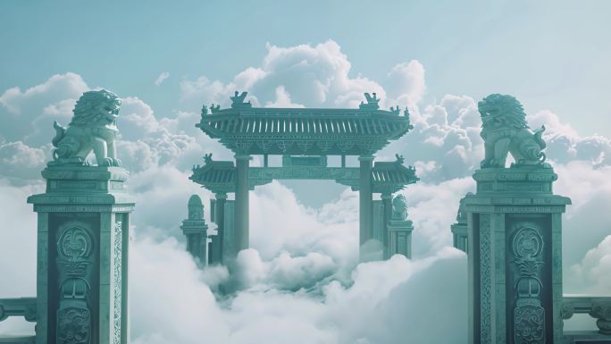 矗立在云层之上的仙宫门庭和石狮子
