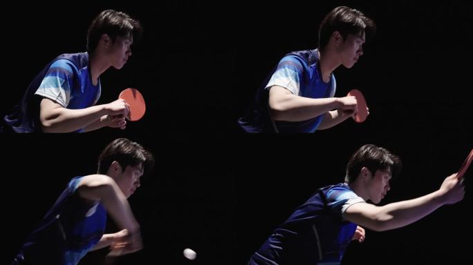 男人运动员专注打乒乓球侧身接球训练比赛