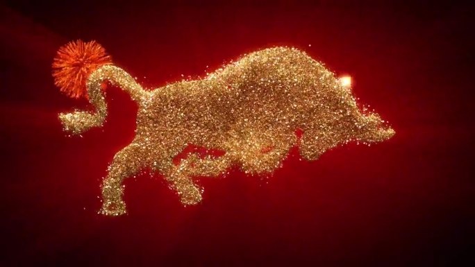 黄金闪闪发光的颗粒牛中国生肖在红色背景与烟花