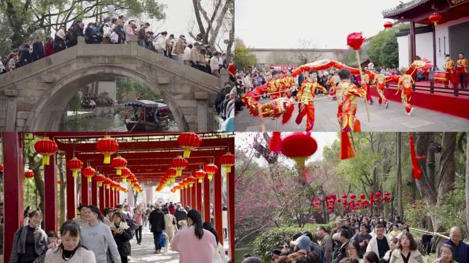 江南水乡年味舞狮迎新年过年氛围