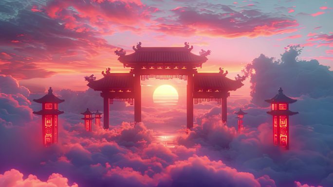国风开场动画，云层之上的仙宫门庭