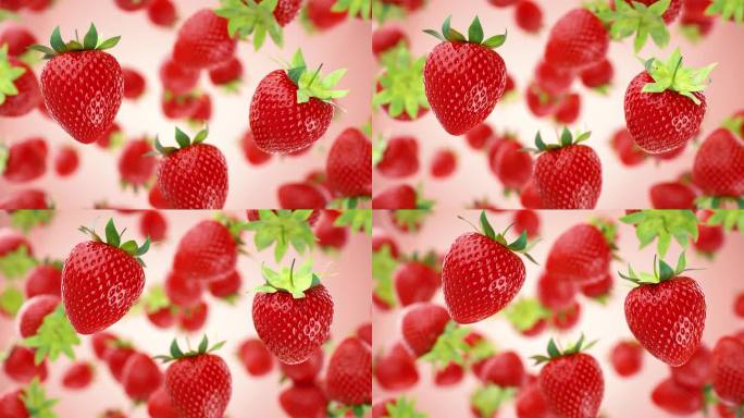 新鲜的草莓漂浮在红色的背景下