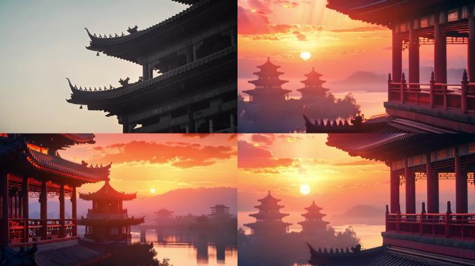中国古代建筑黄昏光影剪影