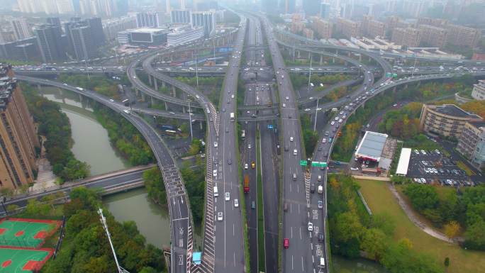 杭州上城区石德立交桥高架桥车流风景视频素