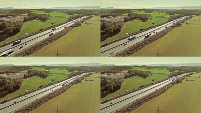 静止的无人机在农田和高速公路上的视角